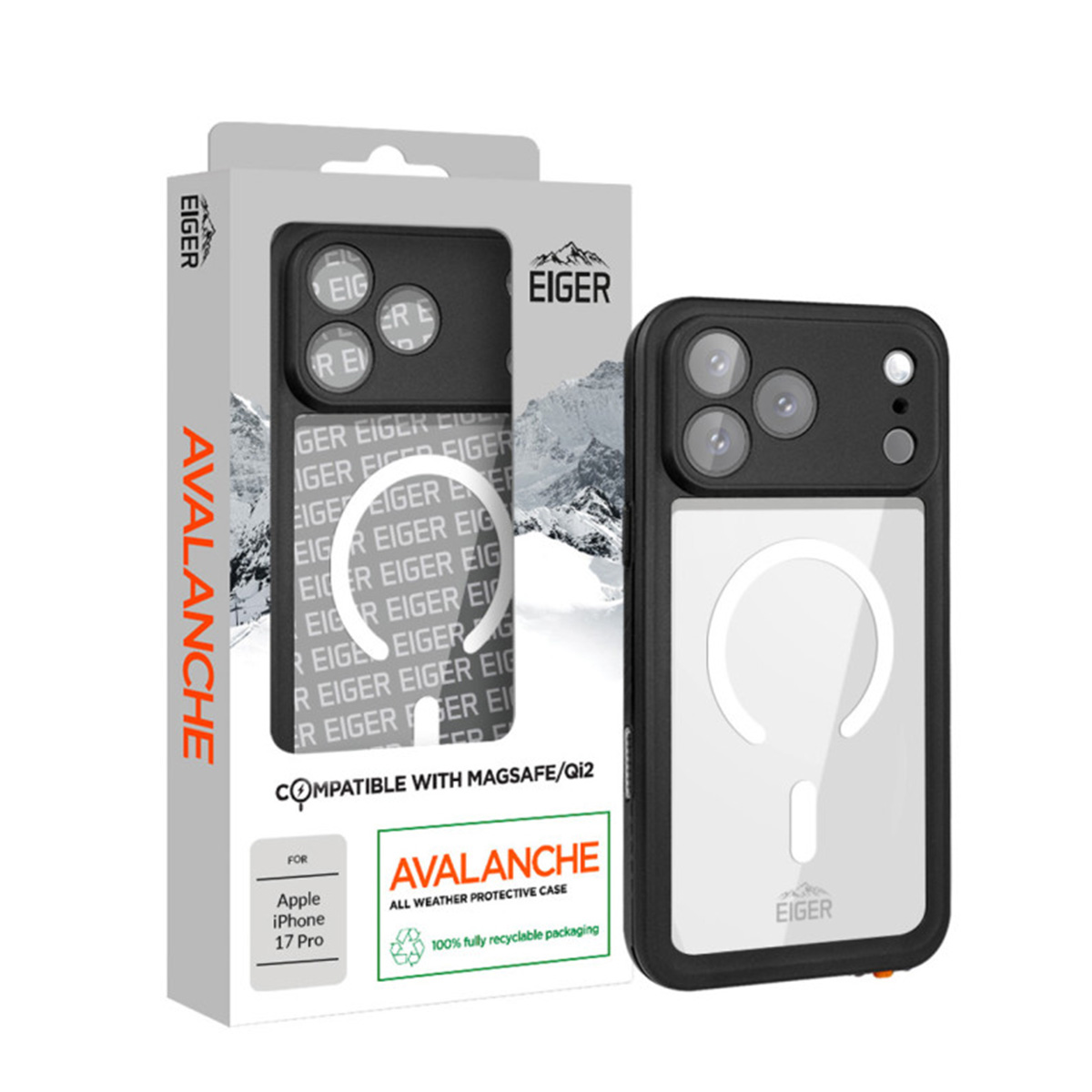 Eiger Avalanche schwarze Handyhülle für Apple iPhone 17 Pro mit Verpackung und MagSafe-Ring.