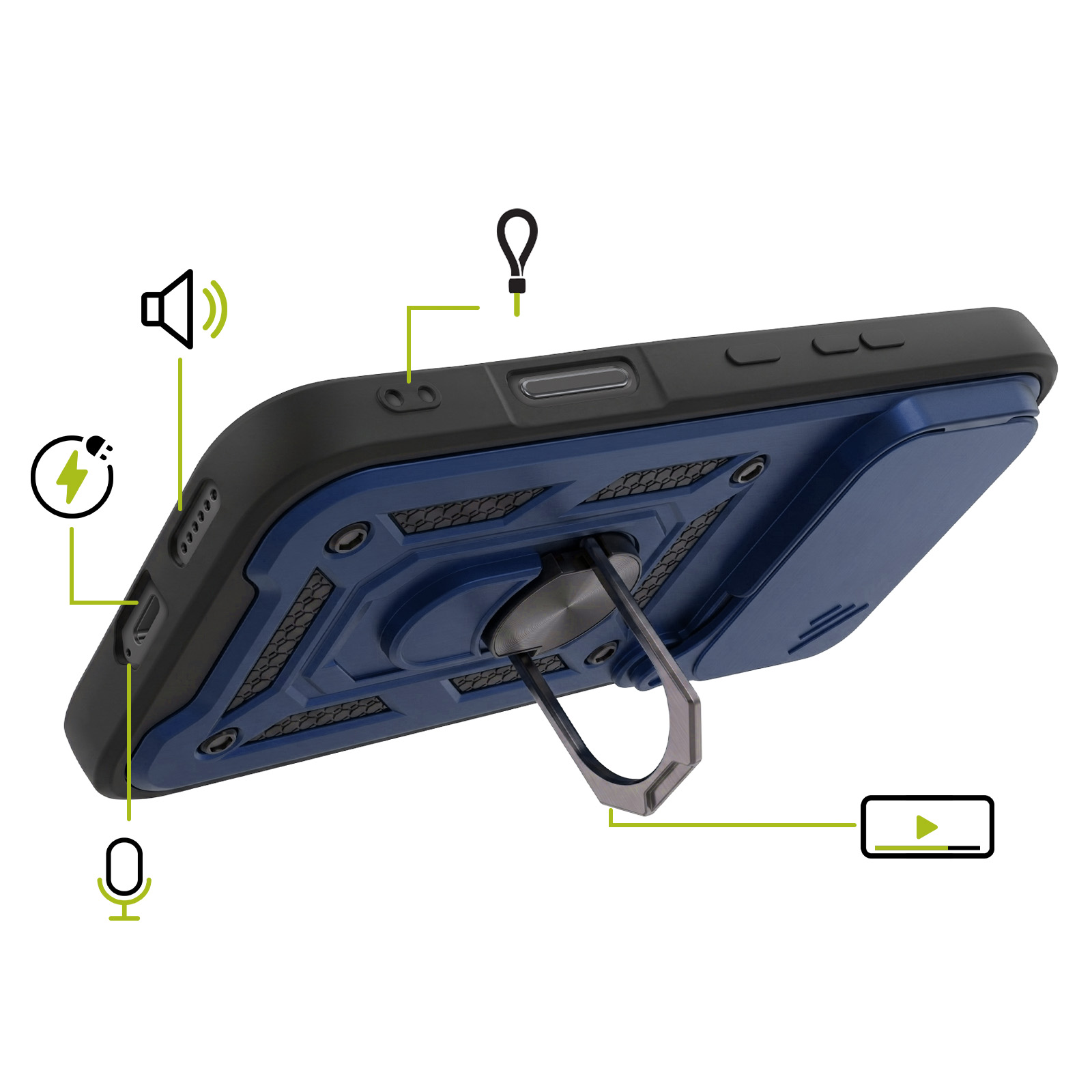 Blaue Smartphone-Hülle mit Ringständer und Symbolen für Anschlüsse.