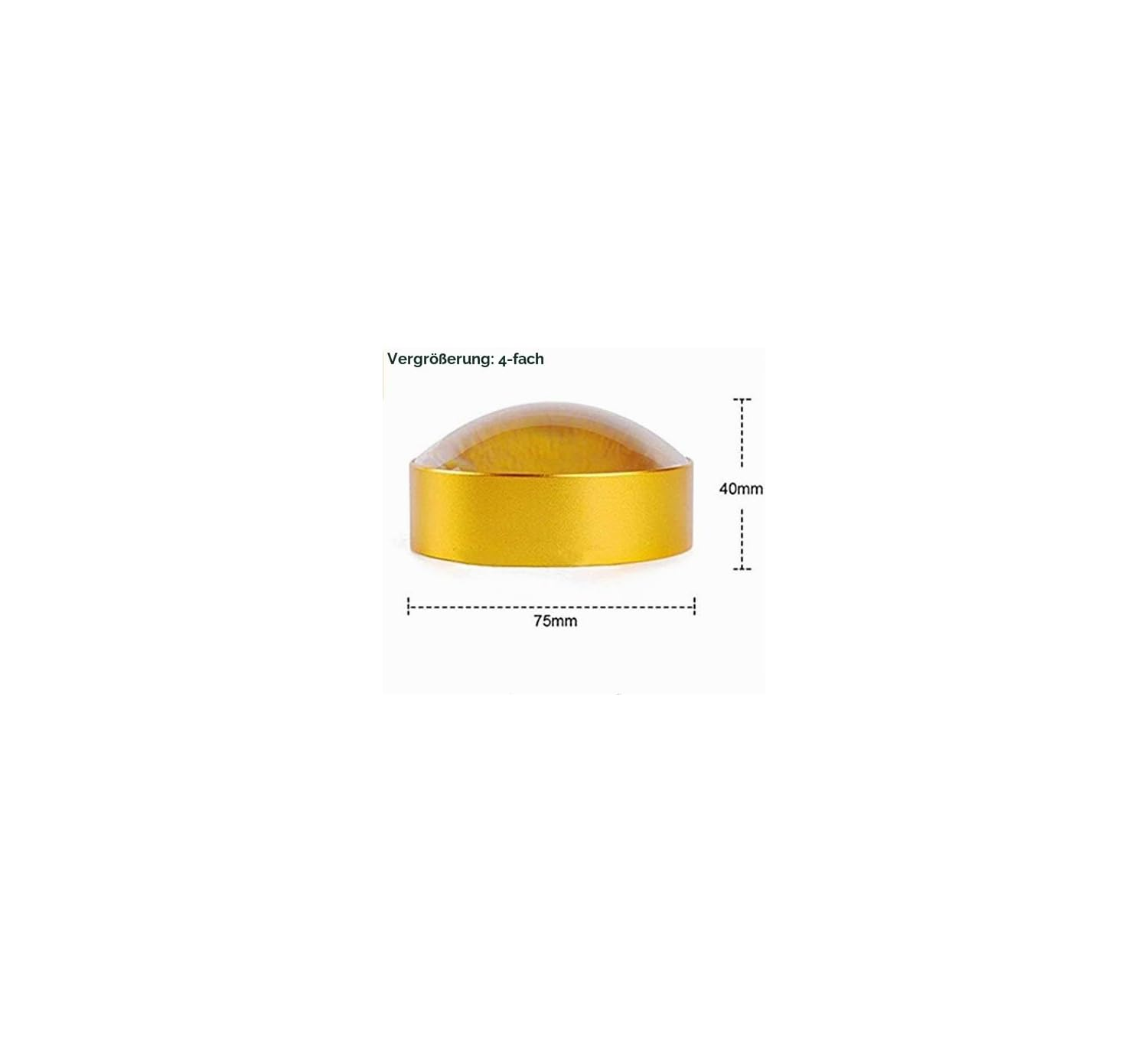 Eine goldgerahmte Halbkugel-Lupe mit 75 mm Durchmesser, 40 mm Höhe und 4-facher Vergrößerung.