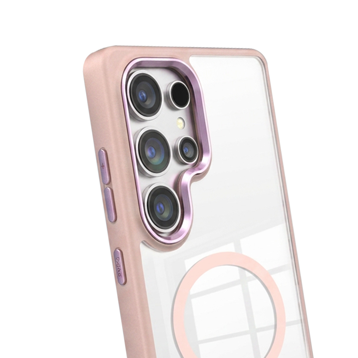 Nahaufnahme einer rosa Handyhülle mit transparenter Rückseite, die einen runden MagSafe-Ring und Multilinser zeigt.