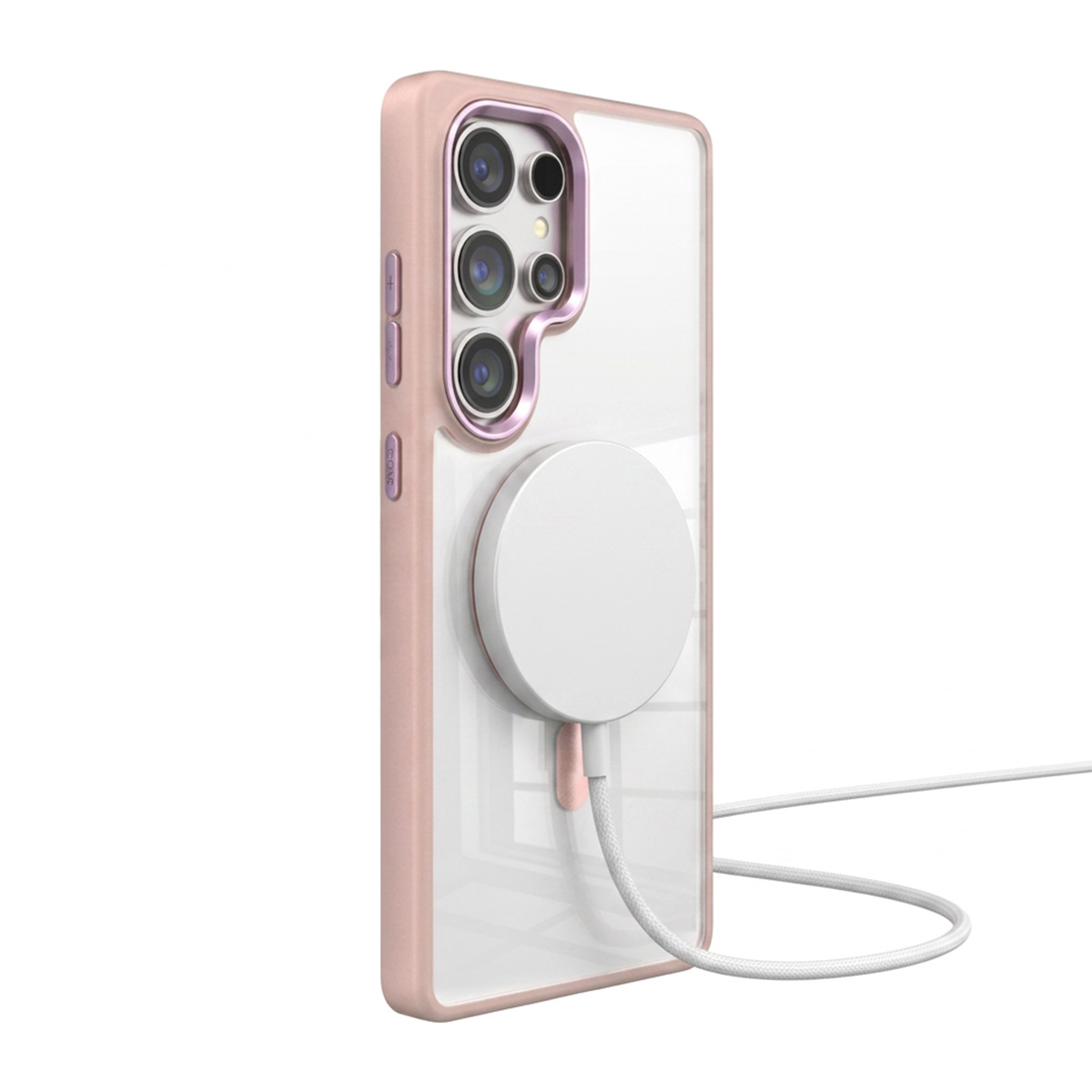 Ein Smartphone in einer rosa Hülle mit einem runden magnetischen Ladegerät auf der Rückseite und einem Kabel.
