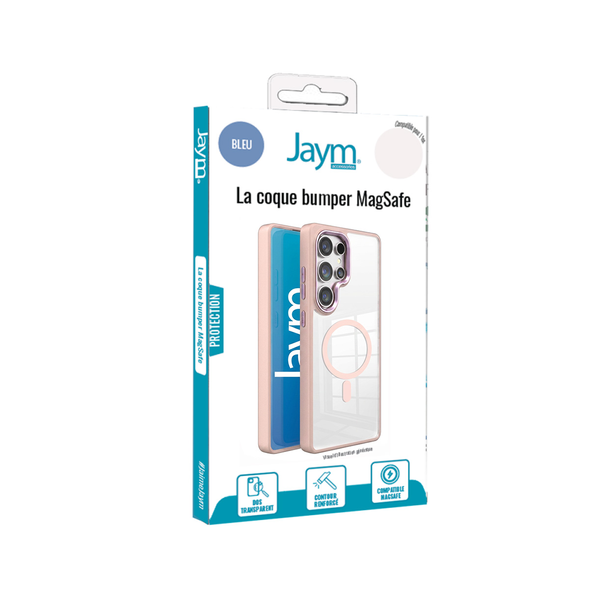 Jaym MagSafe Bumper-Handyhülle in einer Verpackung mit blauen und weißen Akzenten.