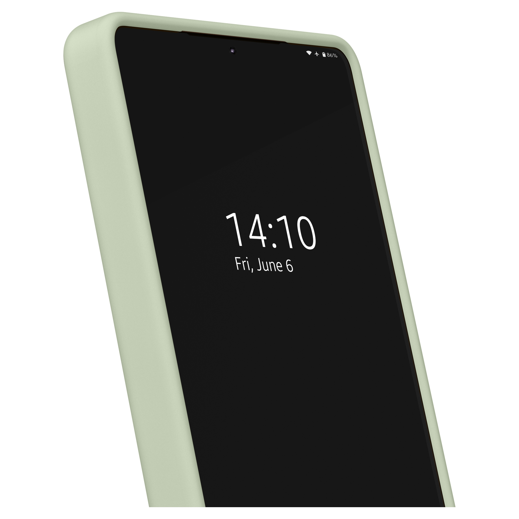 Ein Smartphone in einer hellgrünen Hülle zeigt das Datum und die Uhrzeit auf dem Bildschirm.