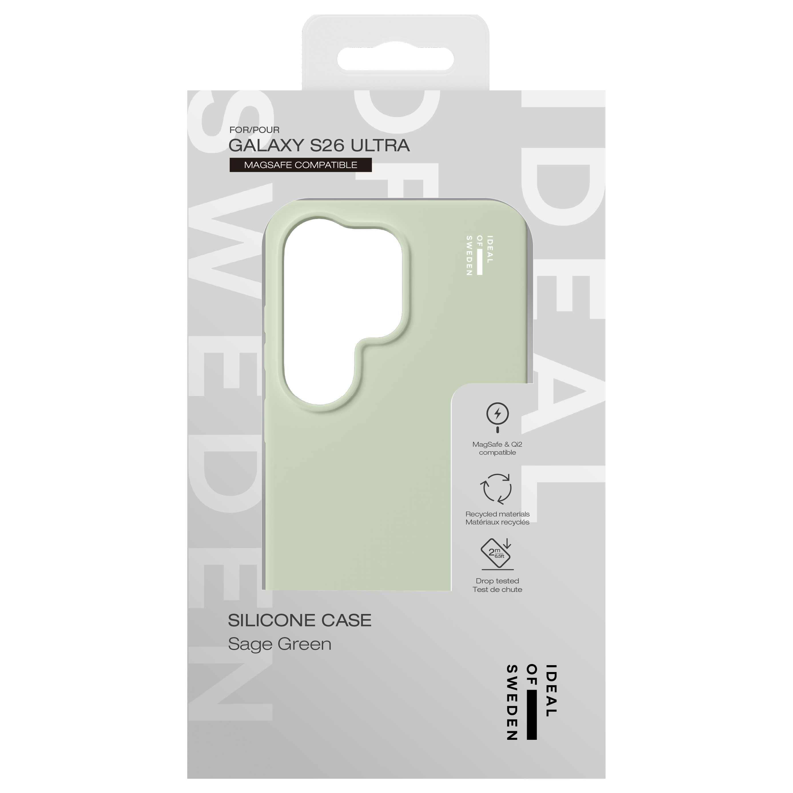 Verpackung für ein salbeigrünes Silikoncase für das Galaxy S26 Ultra mit Symbolen für MagSafe und recycelte Materialien.