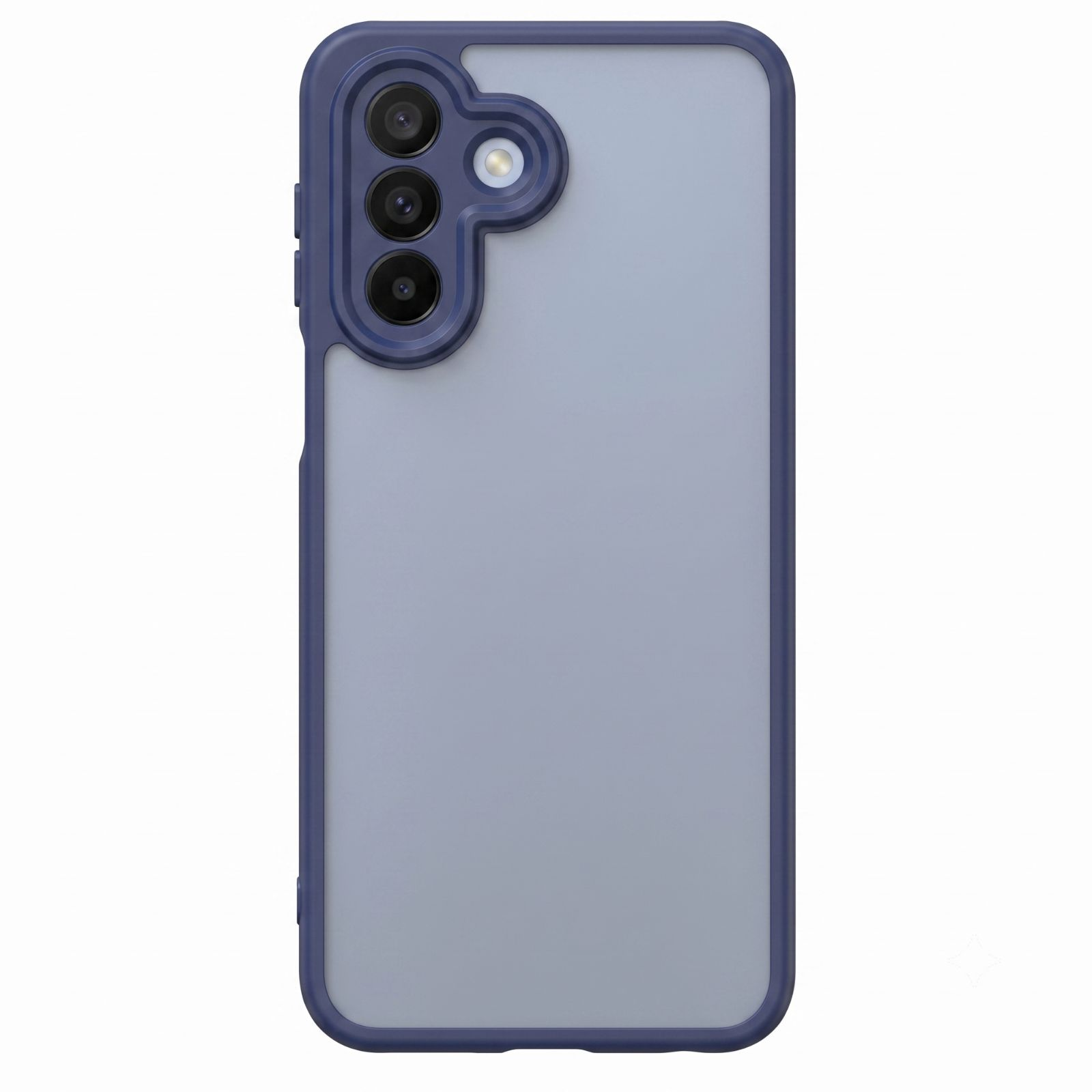 Blaue smartphone-hülle mit durchsichtiger rückseite und erhöhtem kameraausschnitt auf weißem hintergrund.