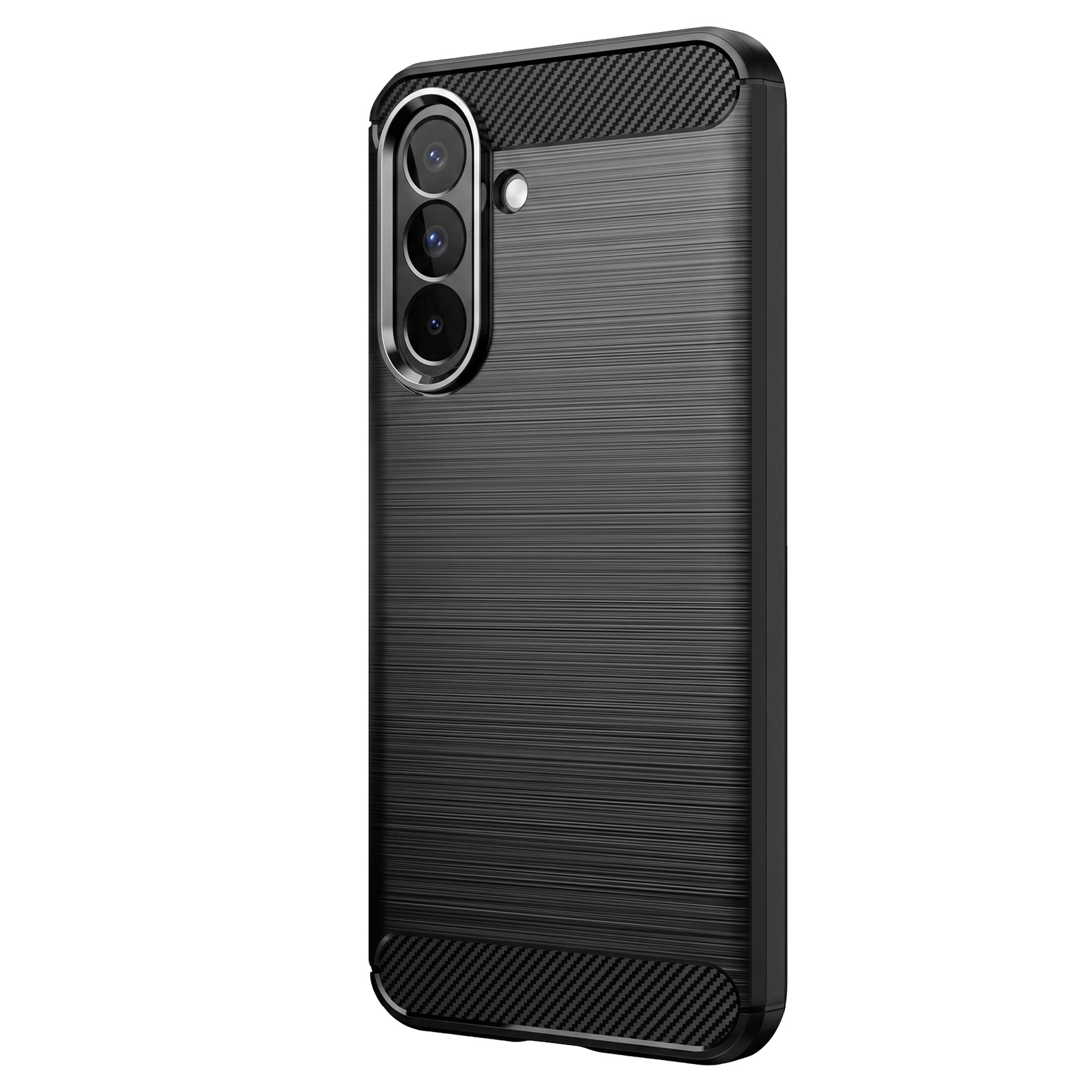 Schwarze Schutzhülle für ein Smartphone mit gebürsteter Metalloptik und dreifacher Kamera.