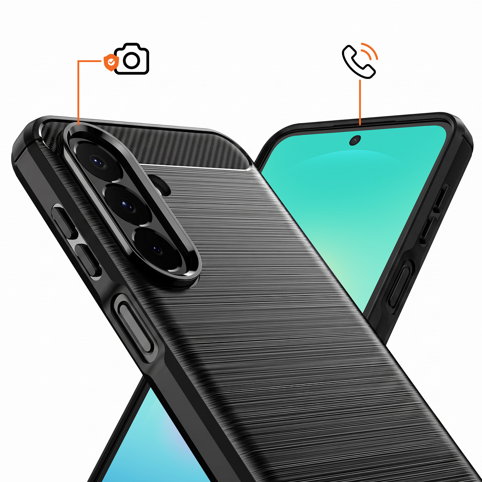 Schwarze Smartphone-Hülle mit gebürsteter Metalloptik, drei Kameralinsen und Symbolen für Kamera und Anruf.
