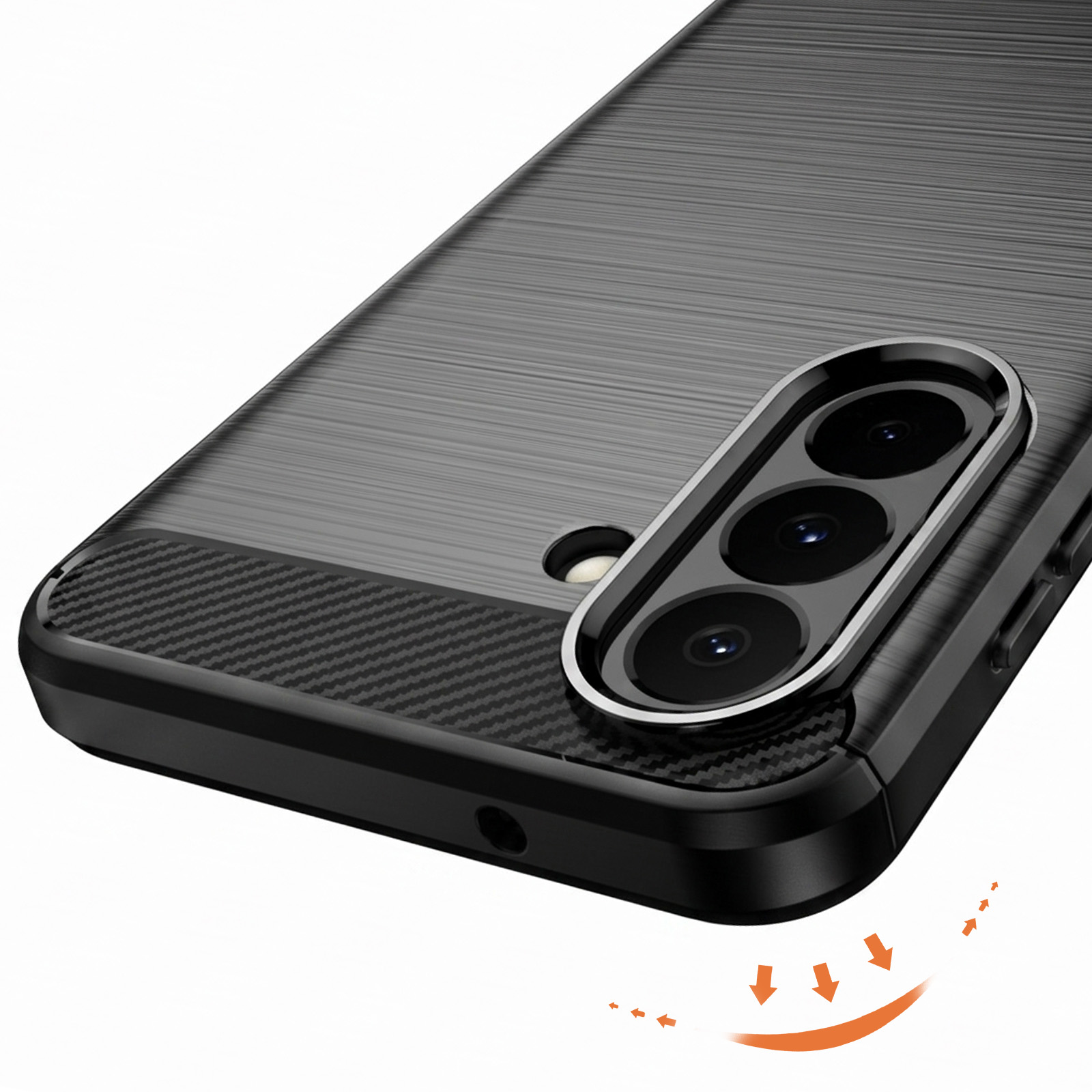 Eine schwarze Smartphone-Hülle mit gebürsteter Metallrückseite, Kohlefaser-Akzent und vertikaler Dreifachkamera.