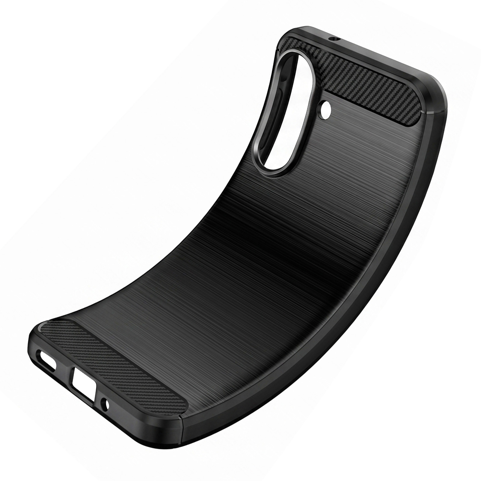 Eine flexible schwarze Smartphone-Hülle mit gebürsteter Metalloptik und Kohlefaser-Akzenten auf weißem Hintergrund.
