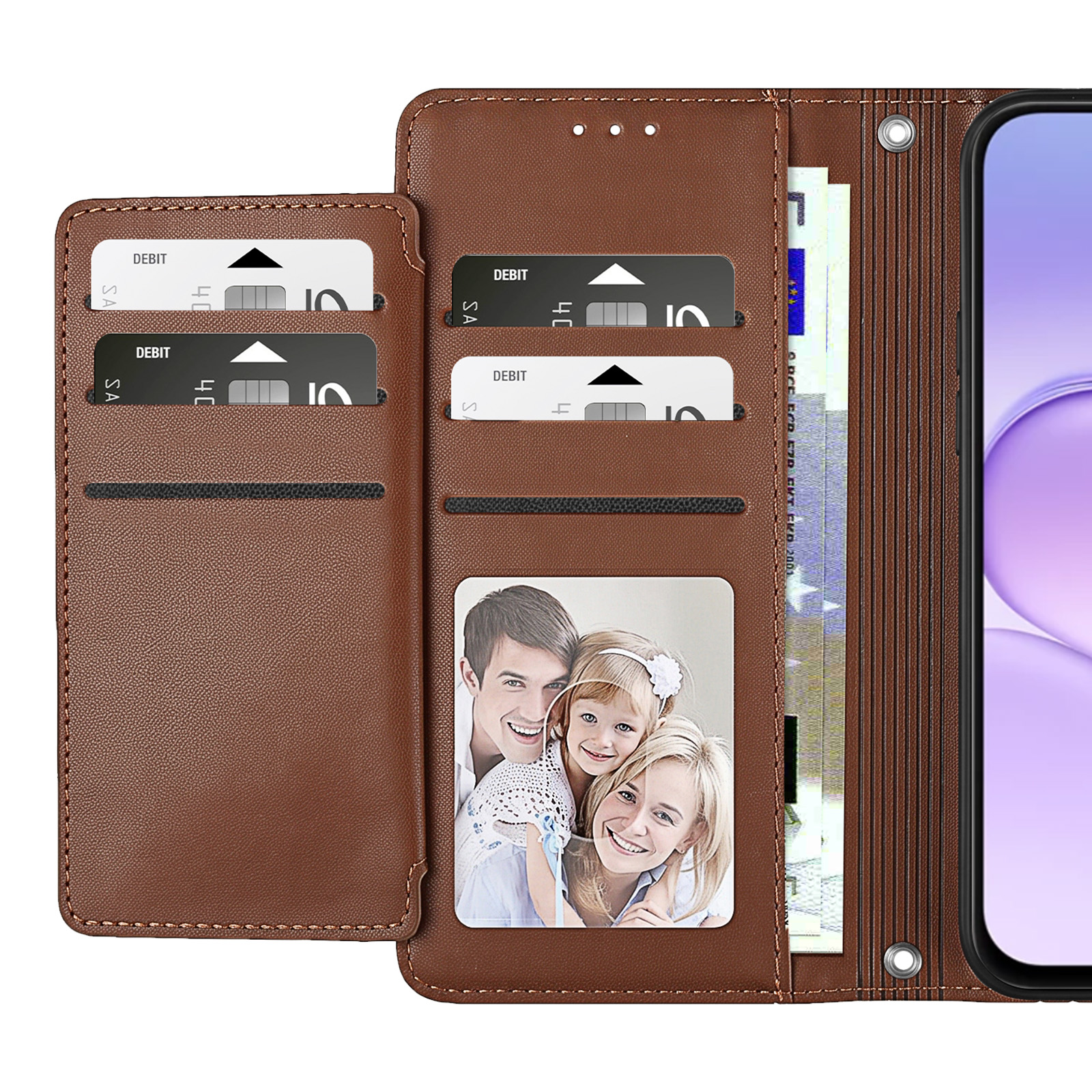 Braune Leder-Handyhülle mit Kartenfächern, Geldscheinen, Familienfoto und Smartphone auf der rechten Seite.