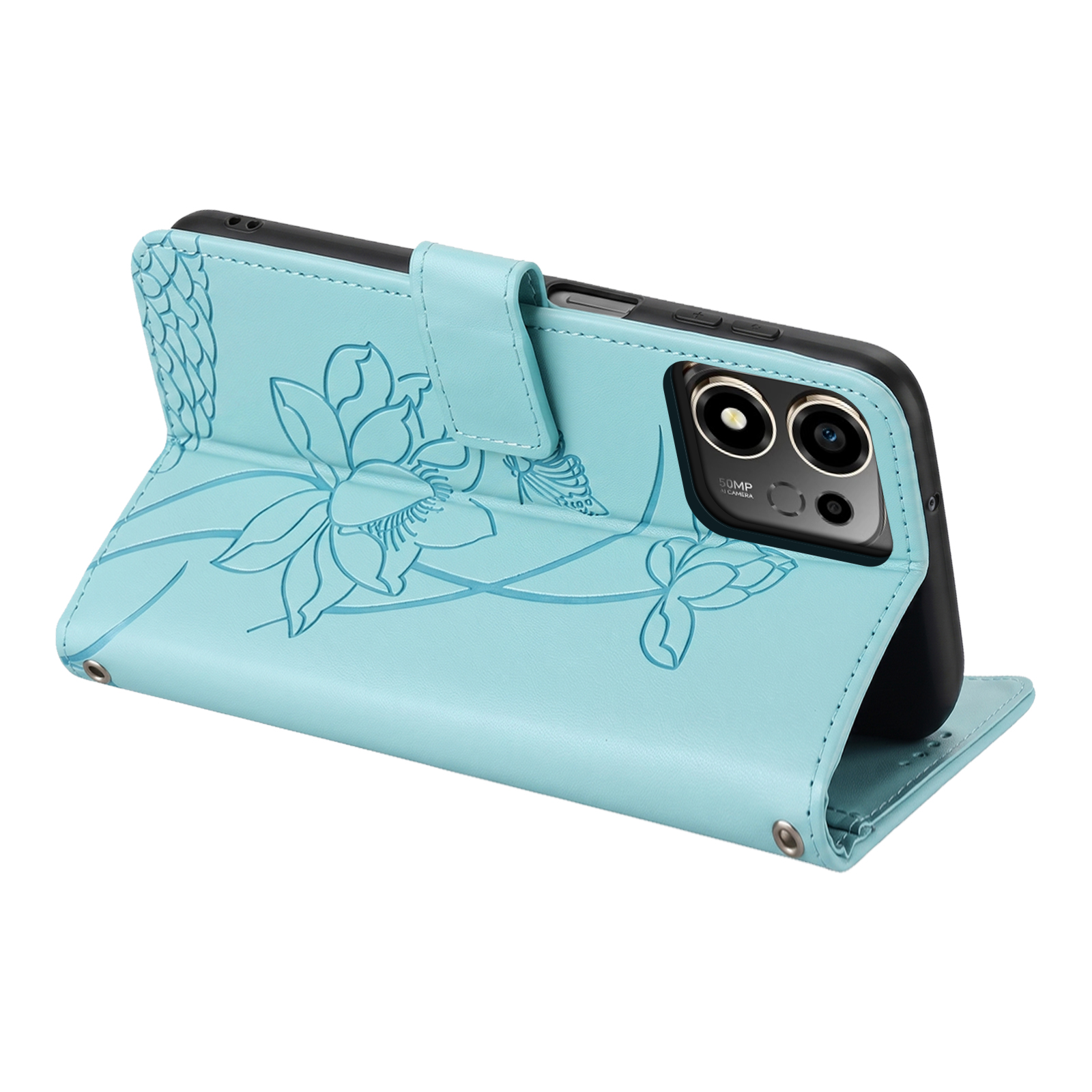 Hellblaue Lederhülle mit eingeprägtem Lotusblumen-Muster und stehendem Smartphone.