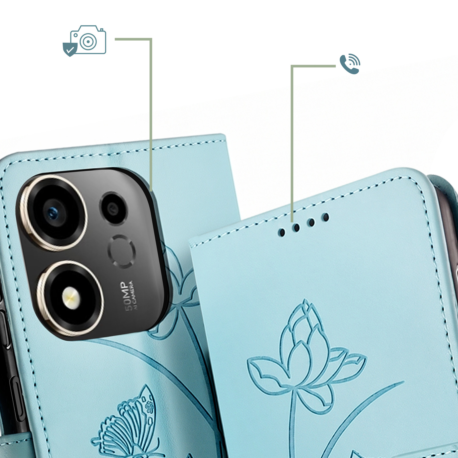 Hellblaue Leder-Handyhülle mit geprägten Lottusblumen, Kamera-Ausschnitt und Lautsprecherlöchern.
