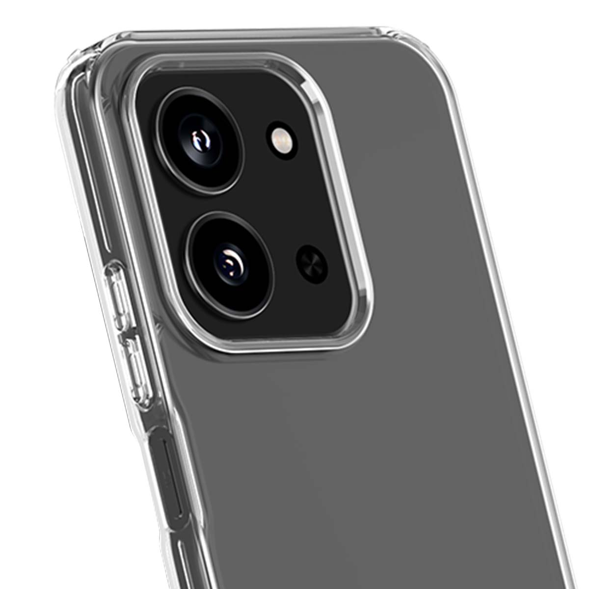 Nahaufnahme eines Smartphones in einer klaren Hülle mit Dual-Kamera und Seitentasten vor weißem Hintergrund.