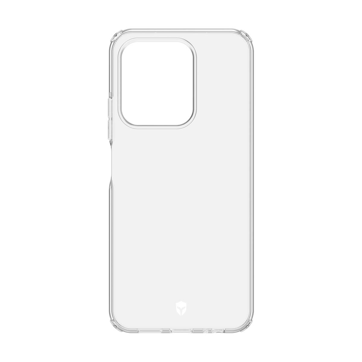 Eine klare, transparente Handyschützhülle mit präzisen Ausschnitten für Kamera und Anschlüsse auf weißem Hintergrund.