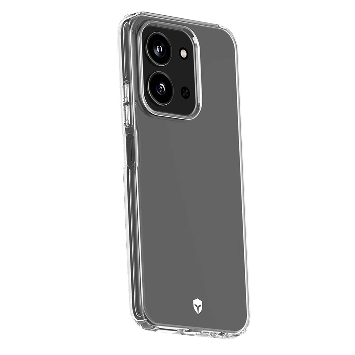 Ein graues Smartphone in einer transparenten Schutzhülle mit zwei Kameralinsen auf der Rückseite.
