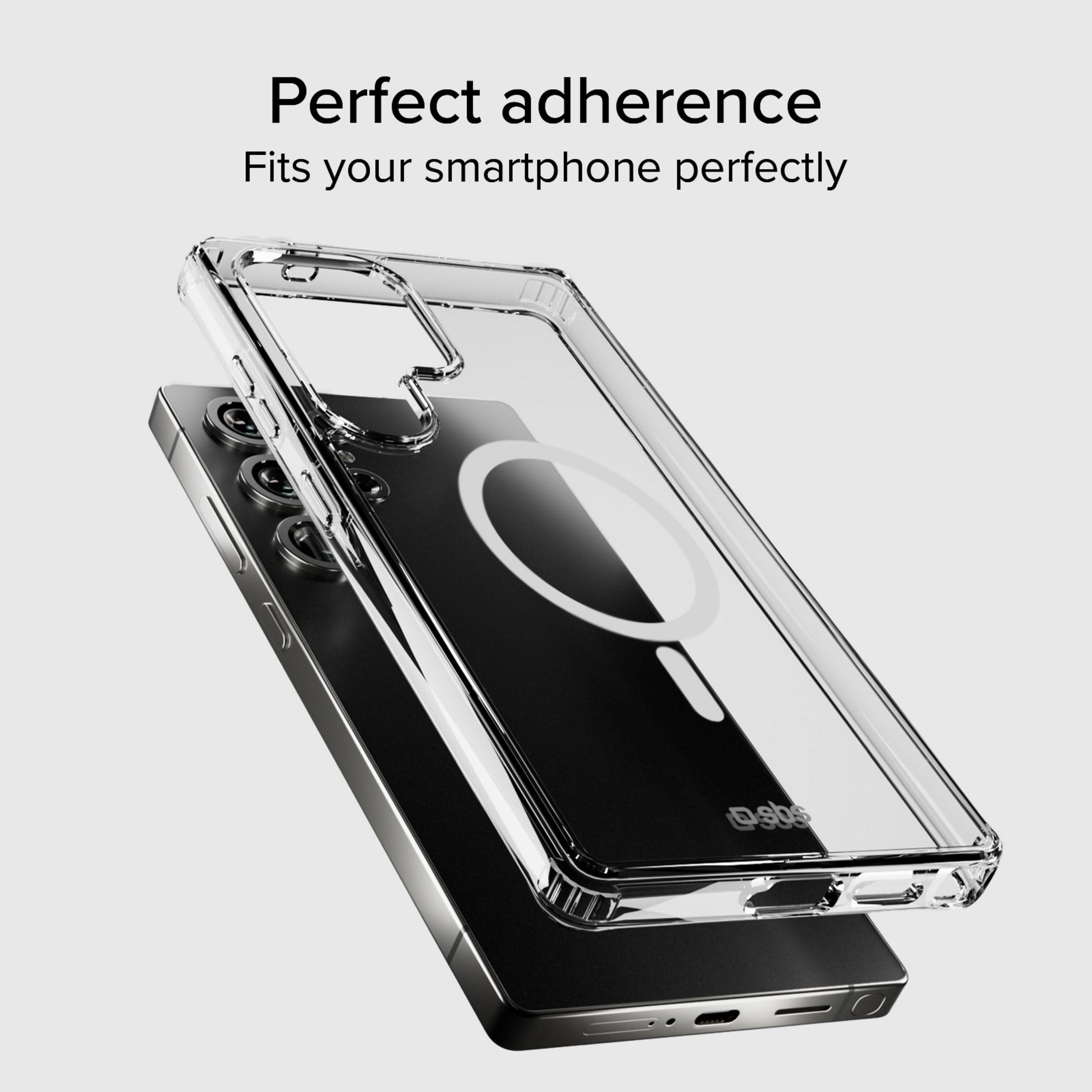 Transparente Schutzhülle schwebt über einem schwarzen Smartphone vor weißem Hintergrund.