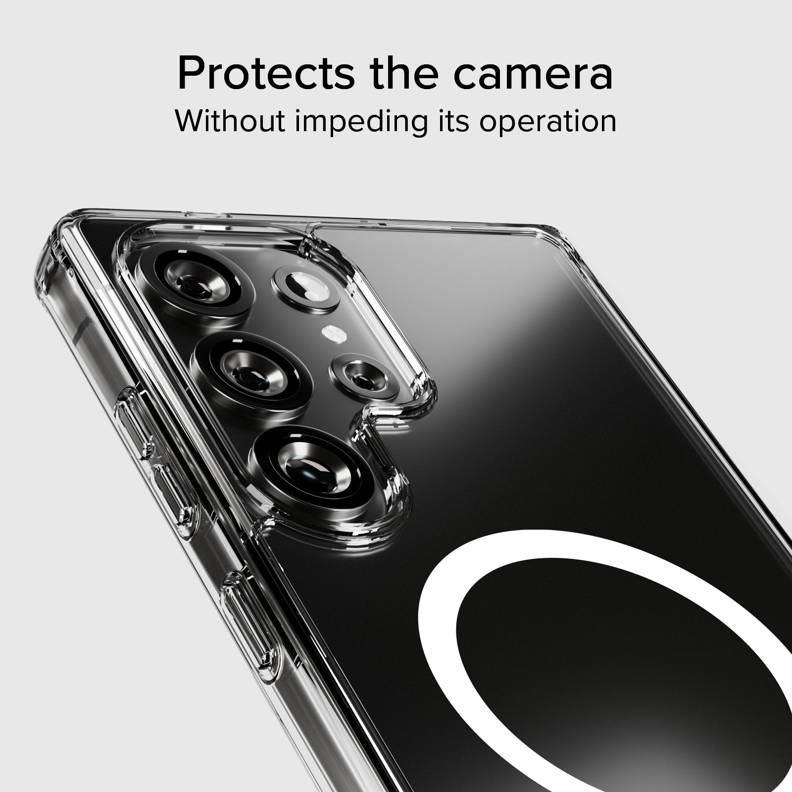 Eine klare Schutzhülle auf einem schwarzen Smartphone, die die Kameralinsen und Tasten an der Seite zeigt.