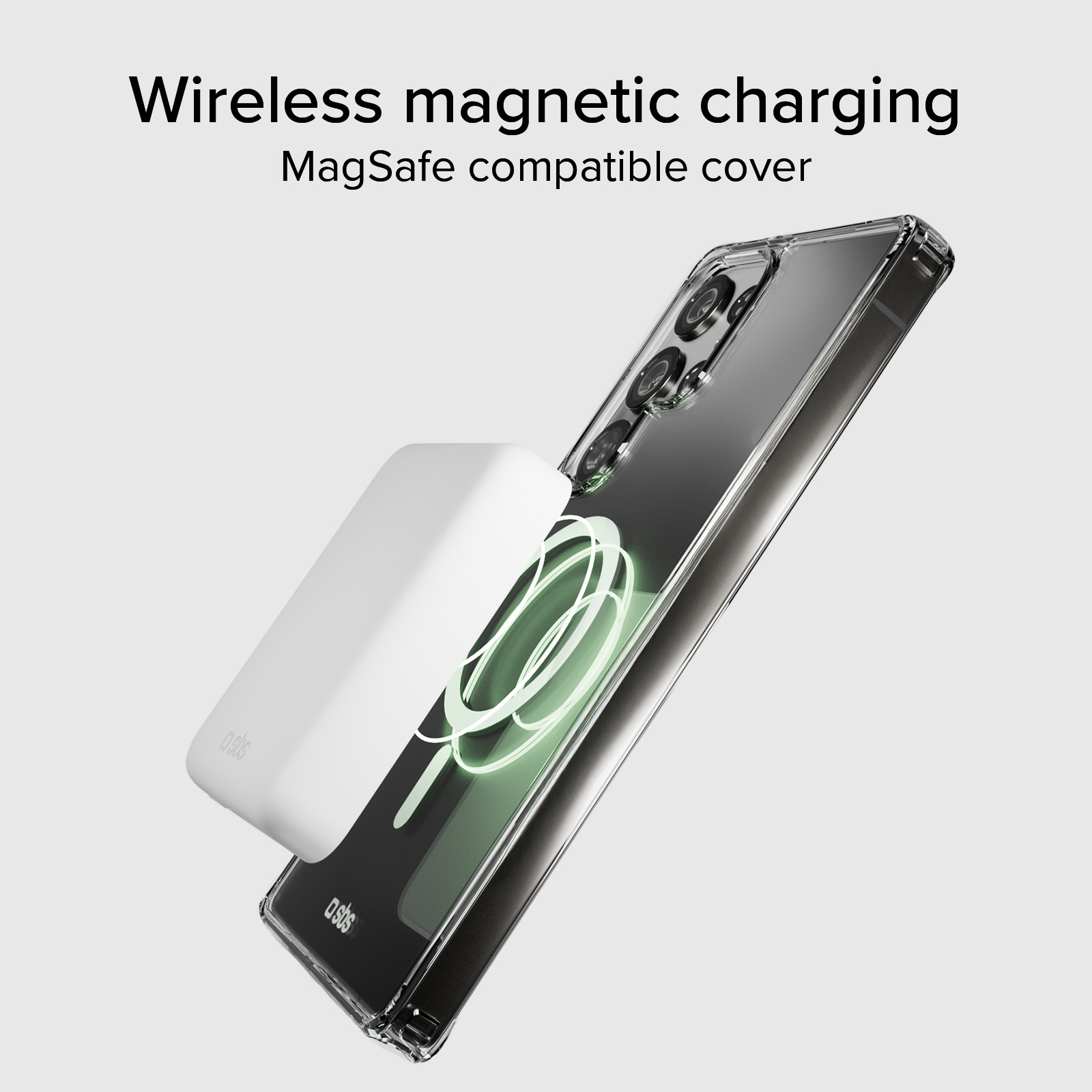 Smartphone in transparenter Hülle mit weißem MagSafe-Ladegerät auf der Rückseite.