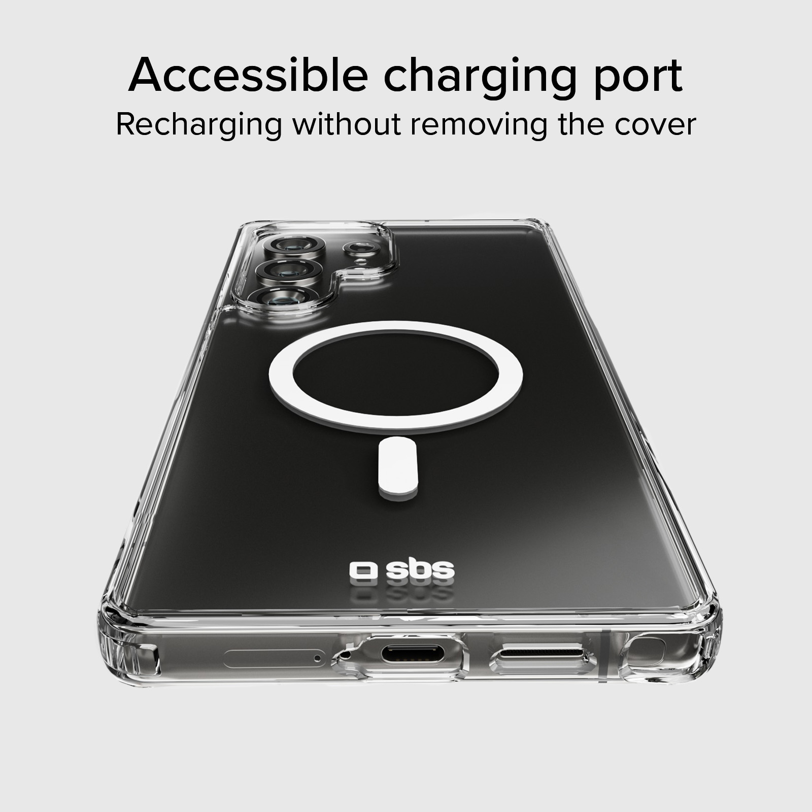 Handyhülle mit Ladeanschluss und Text 'Accessible charging port'.
