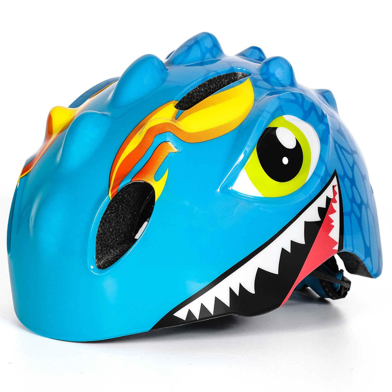 Un casco da bici blu per bambini con design a dinosauro, grandi occhi gialli, denti e creste dorsali su sfondo bianco.