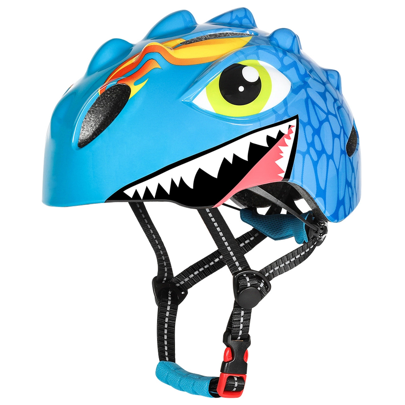Casco da bici per bambini blu a forma di dinosauro con denti aguzzi e grandi occhi.