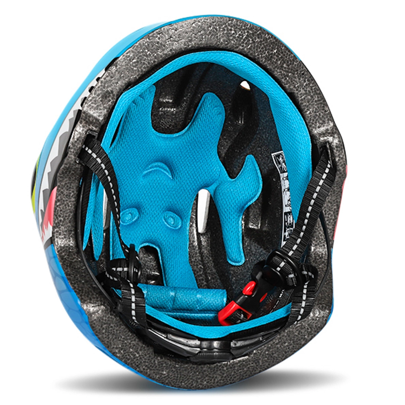 Vista interna di un casco da bambino blu con imbottitura in schiuma e cinghie nere.