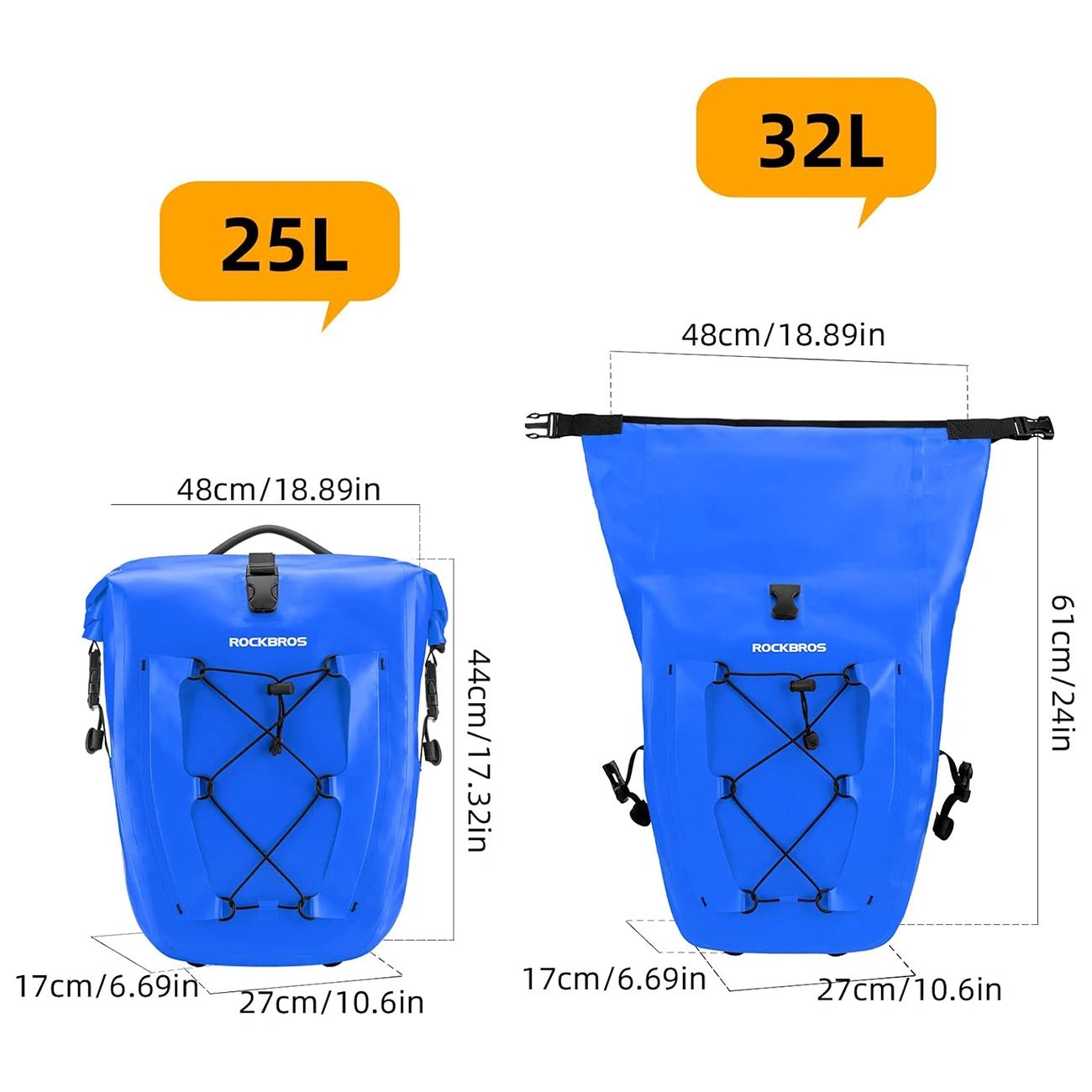 Due borse da bicicletta blu Rockbros con dimensioni per 25L e 32L.