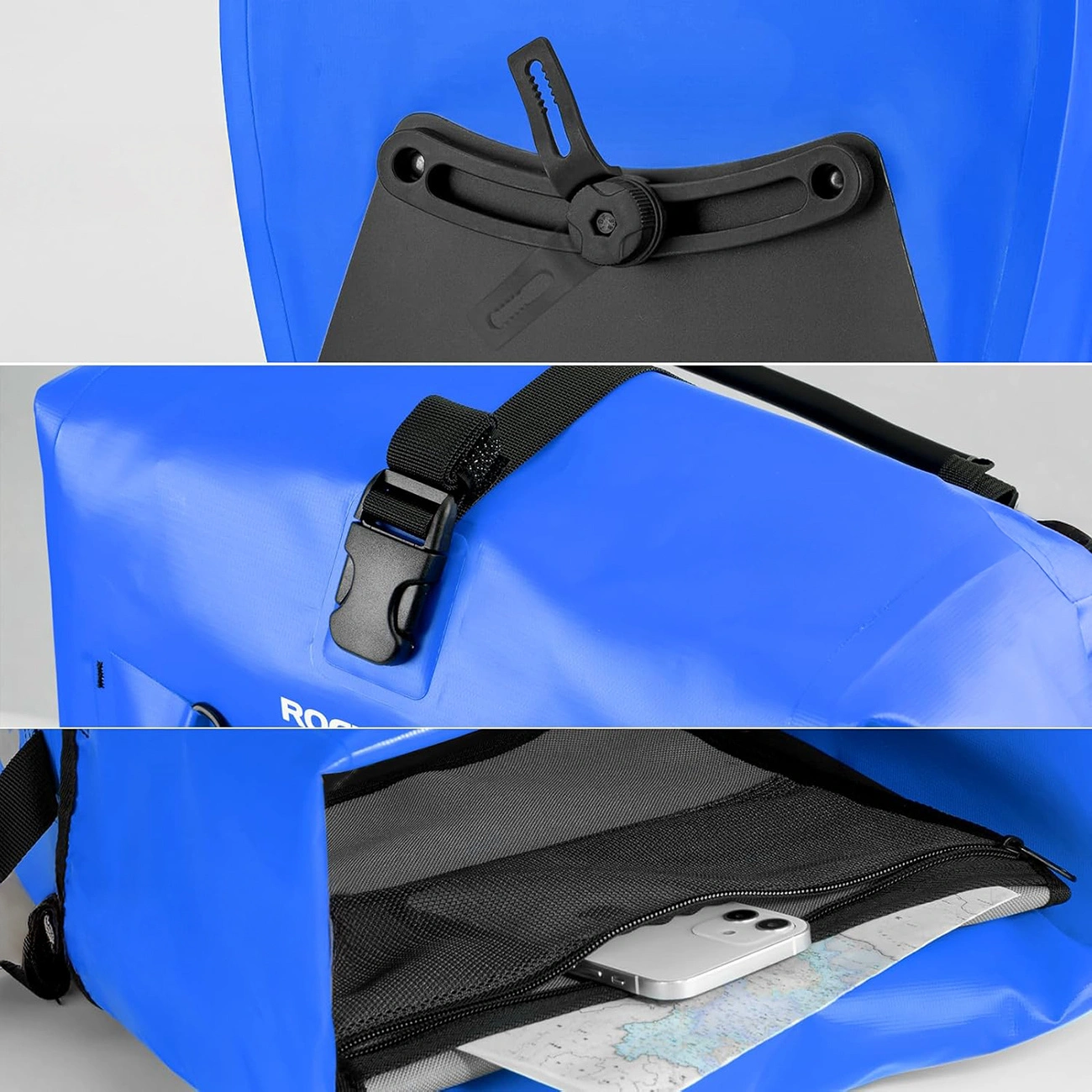 Tre primi piani di una borsa blu con staffa di montaggio nera, chiusura con fibbia e tasca in rete.