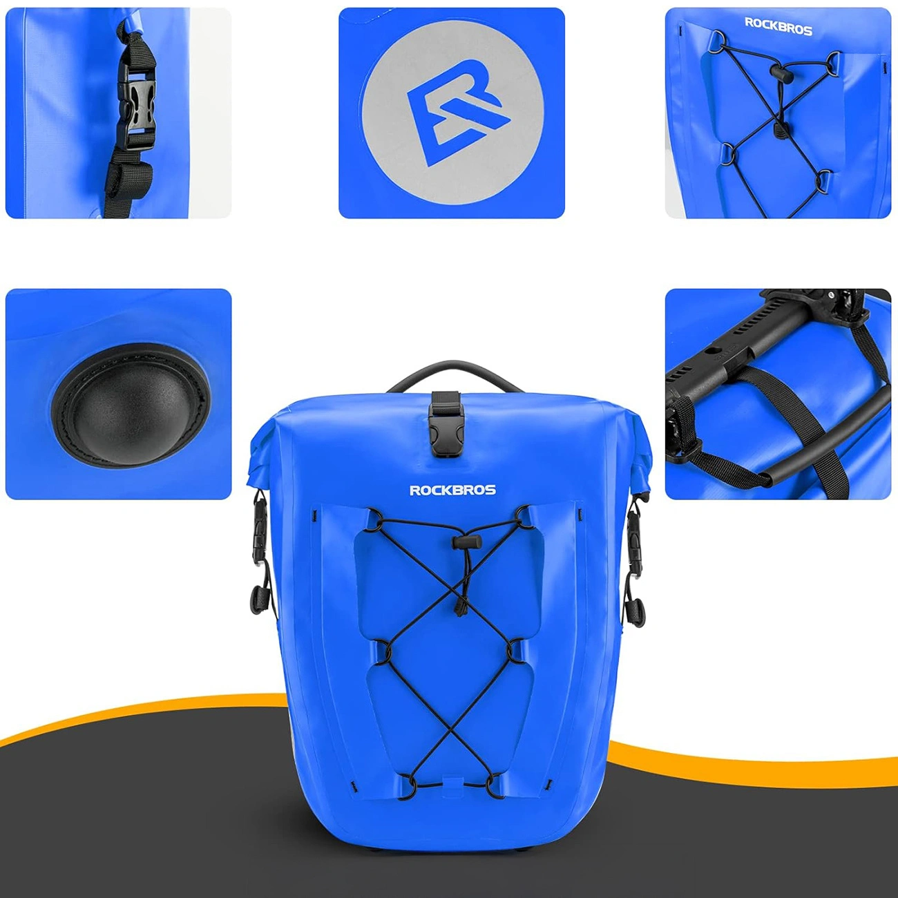 Borsa da bicicletta blu Rockbros con dettagli di cinghie, logo e attacchi.