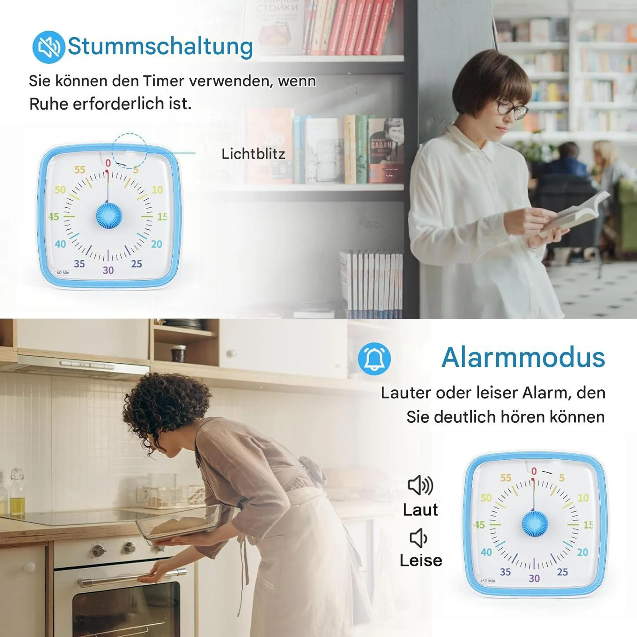 Blaue Timer-Uhr mit Stummschaltung für Bibliothek und Alarmmodus für Küche.