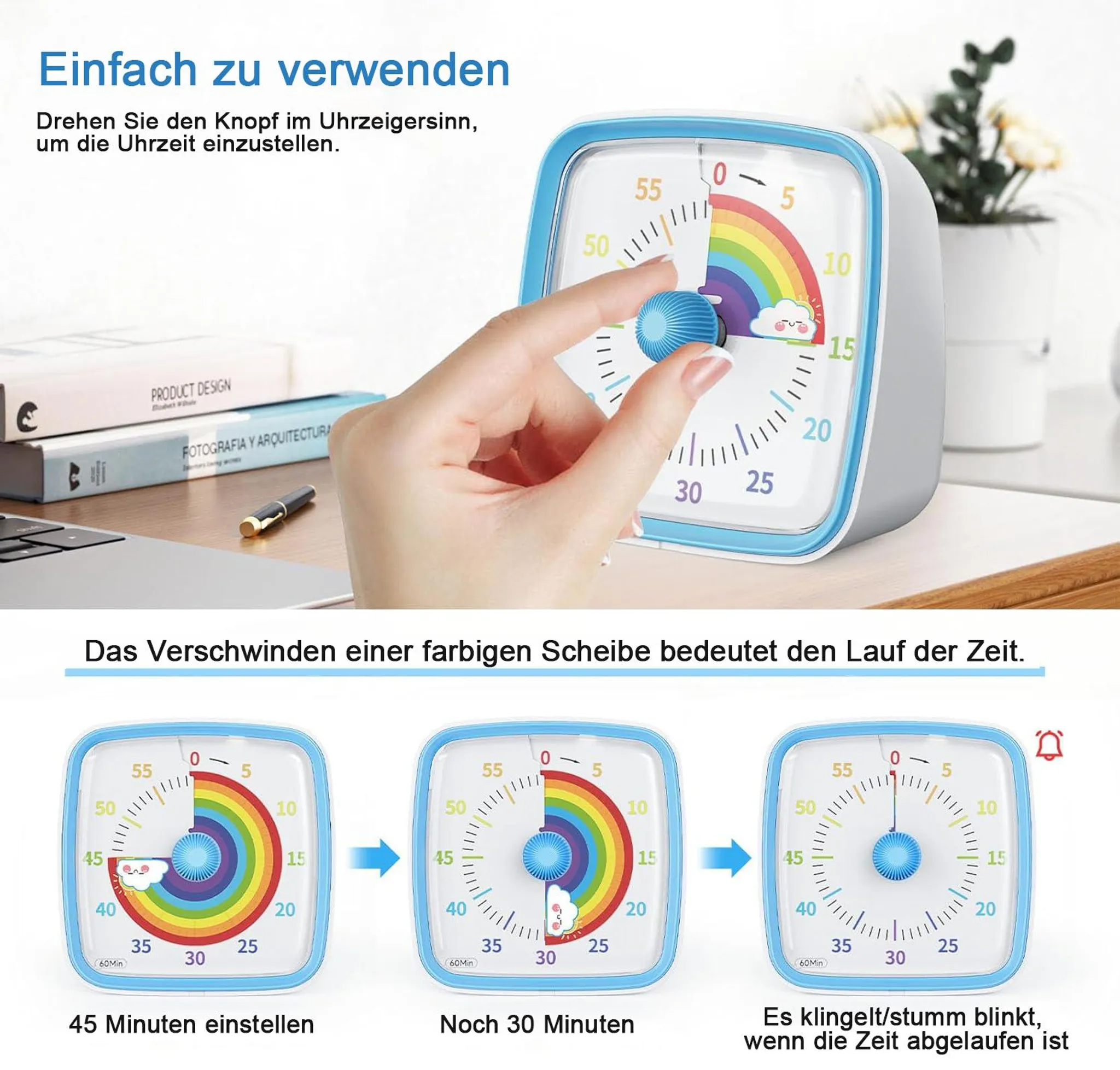 Eine Hand dreht den blauen Knopf eines bunten Zeitschaltuhr mit Regenbogen-Design auf einem Tisch.