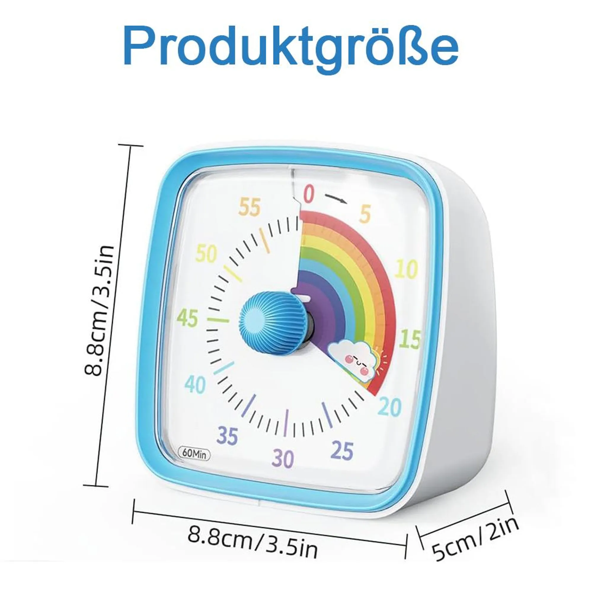 Blauer visueller Timer mit Regenbogen-Zifferblatt und Maßen von 8,8 x 8,8 x 5 cm.