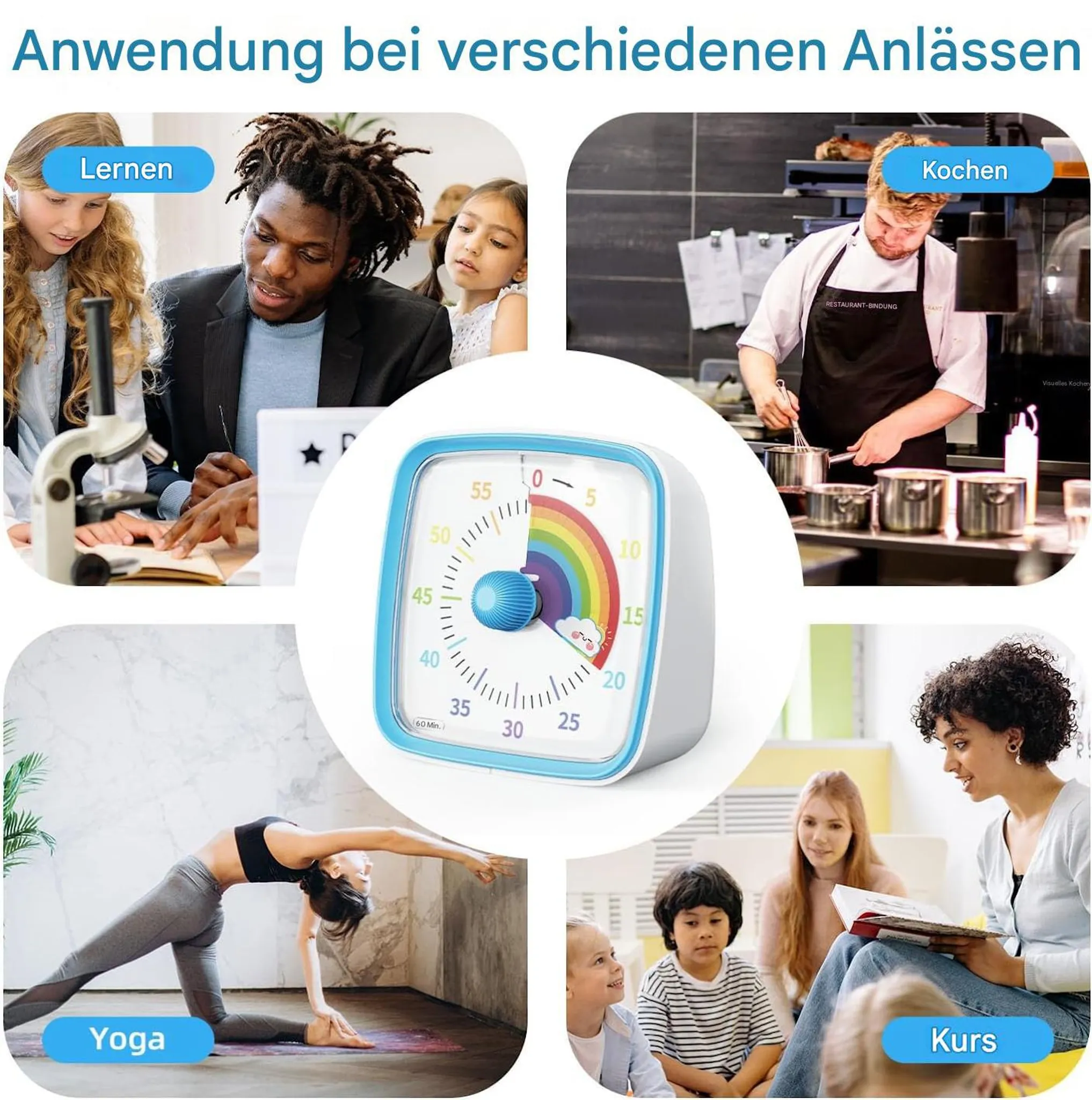 Ein blauer visueller Timer in der Mitte zeigt verschiedene Verwendungen wie Lernen, Kochen, Yoga und Kurs.