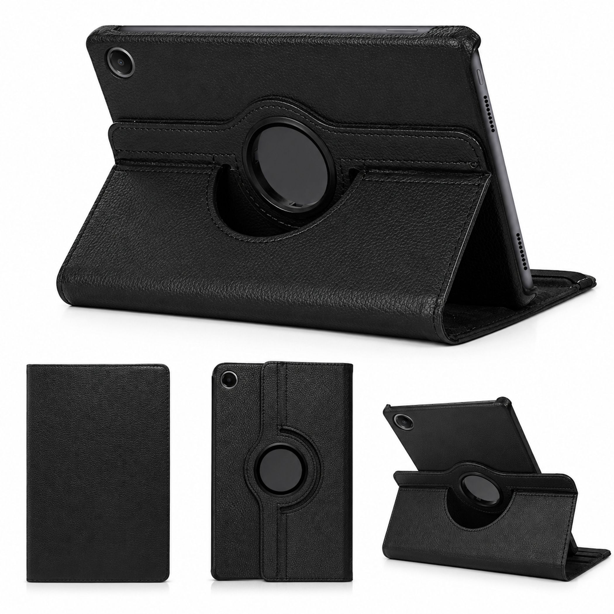 Eine schwarze Leder-Tablethülle mit rundem Ständer, aus mehreren Blickwinkeln auf weißem Hintergrund gezeigt.
