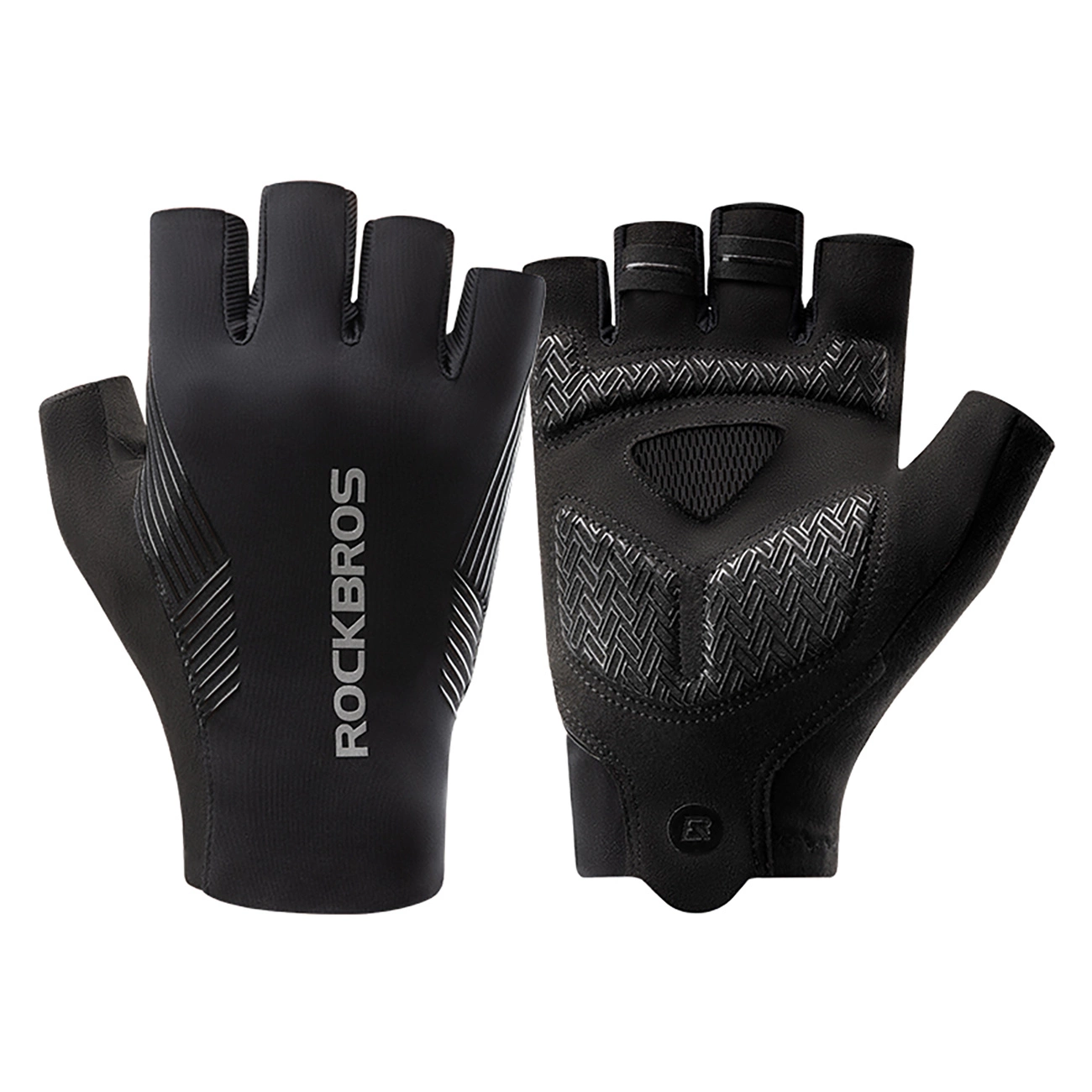 Guanti da ciclismo senza dita Rockbros neri con palmo imbottito.