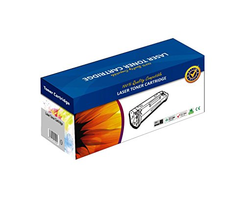 Blaue und weiße Verpackung für eine Lasertoner-Patrone mit Sonnenblumen-Grafik.