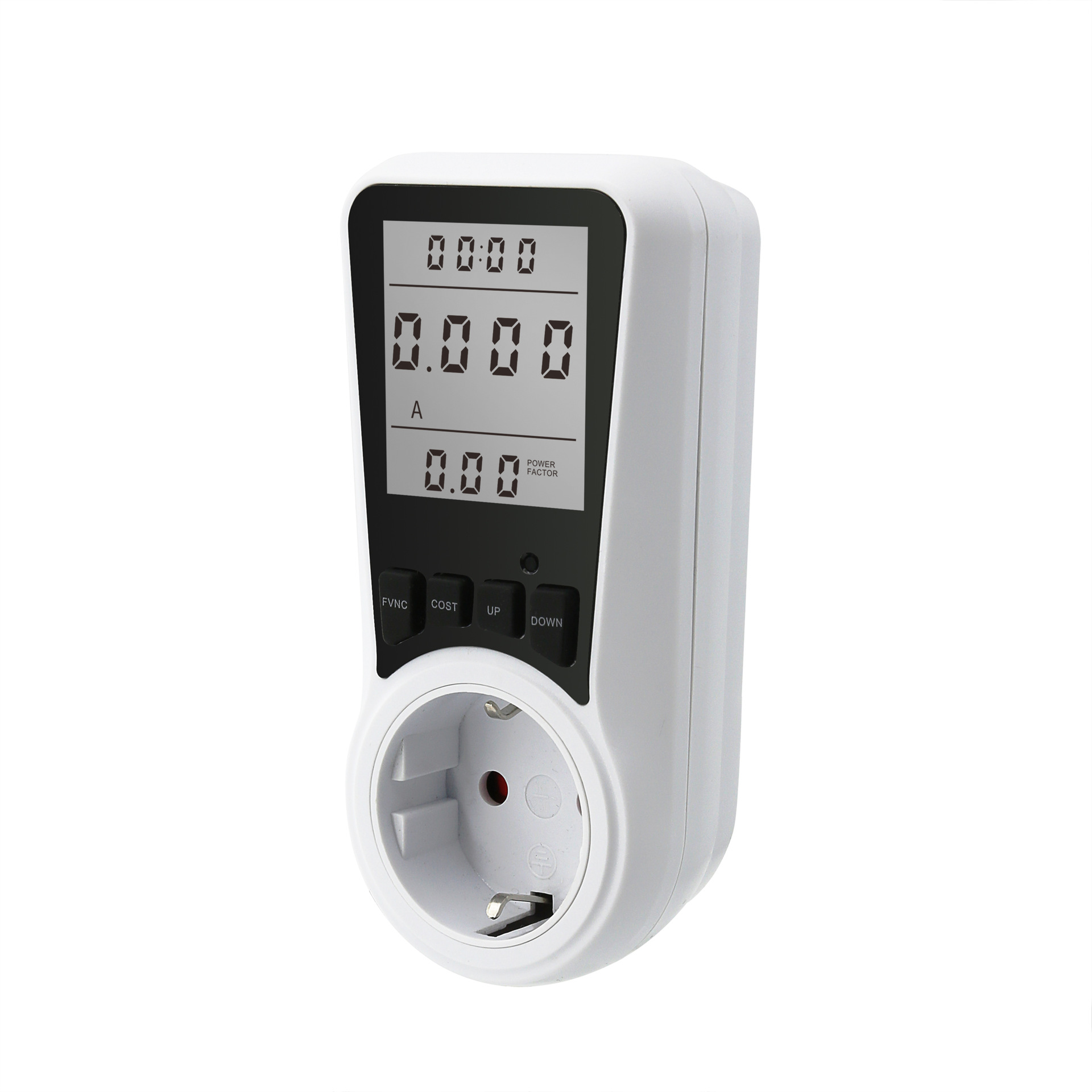 Weißes Energiemessgerät mit digitalem LCD-Bildschirm und vier Bedientasten, eingesteckt in eine Steckdose.