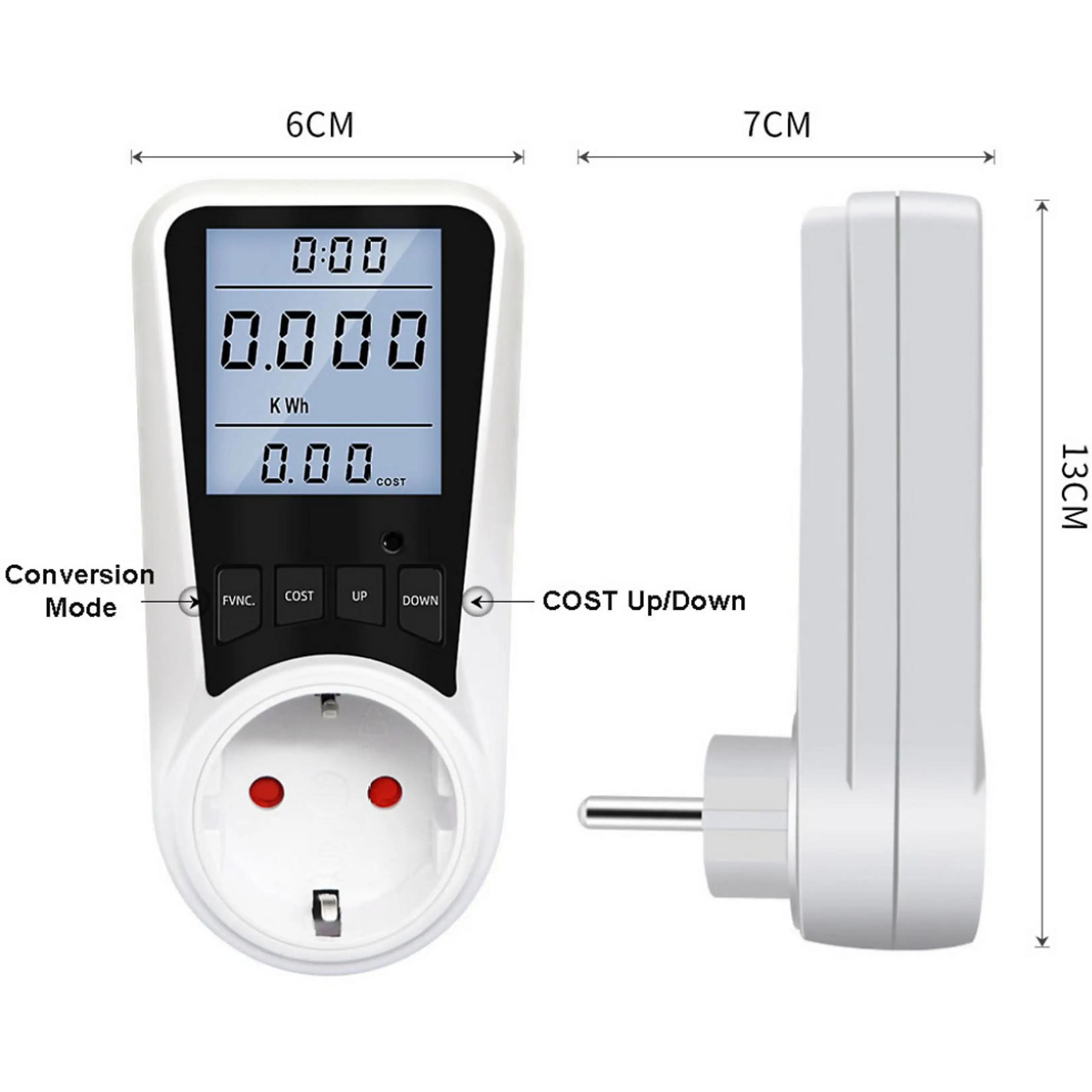 Weißer Energiezähler mit Digitaldisplay und Tasten, Abmessungen 6cm Breite, 7cm Tiefe und 13cm Höhe.