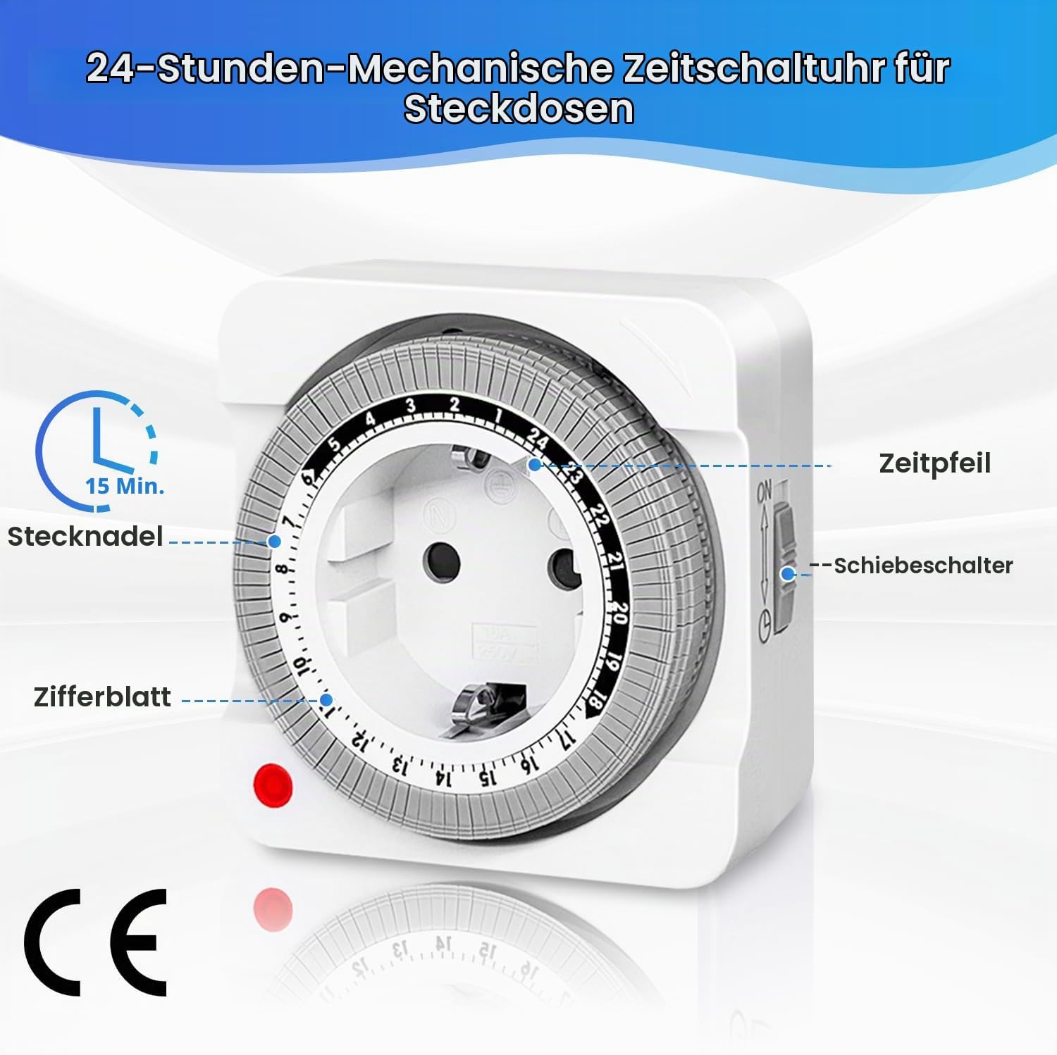 Weisse 24-Stunden-Zeitschaltuhr mit Zifferblatt und Schiebeschalter.