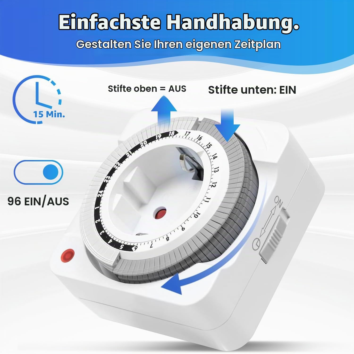 Weißes mechanisches Zeitschaltuhr-Gerät mit grauen Pins und Erklärungen auf Deutsch.