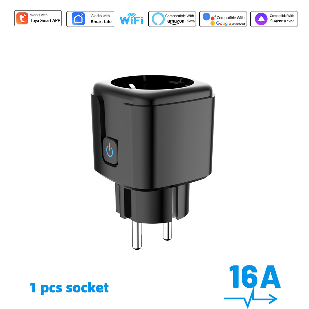 Schwarze 16A WLAN Steckdose mit Ein-Ausschalter und Kompatibilitäts-Logos oben.