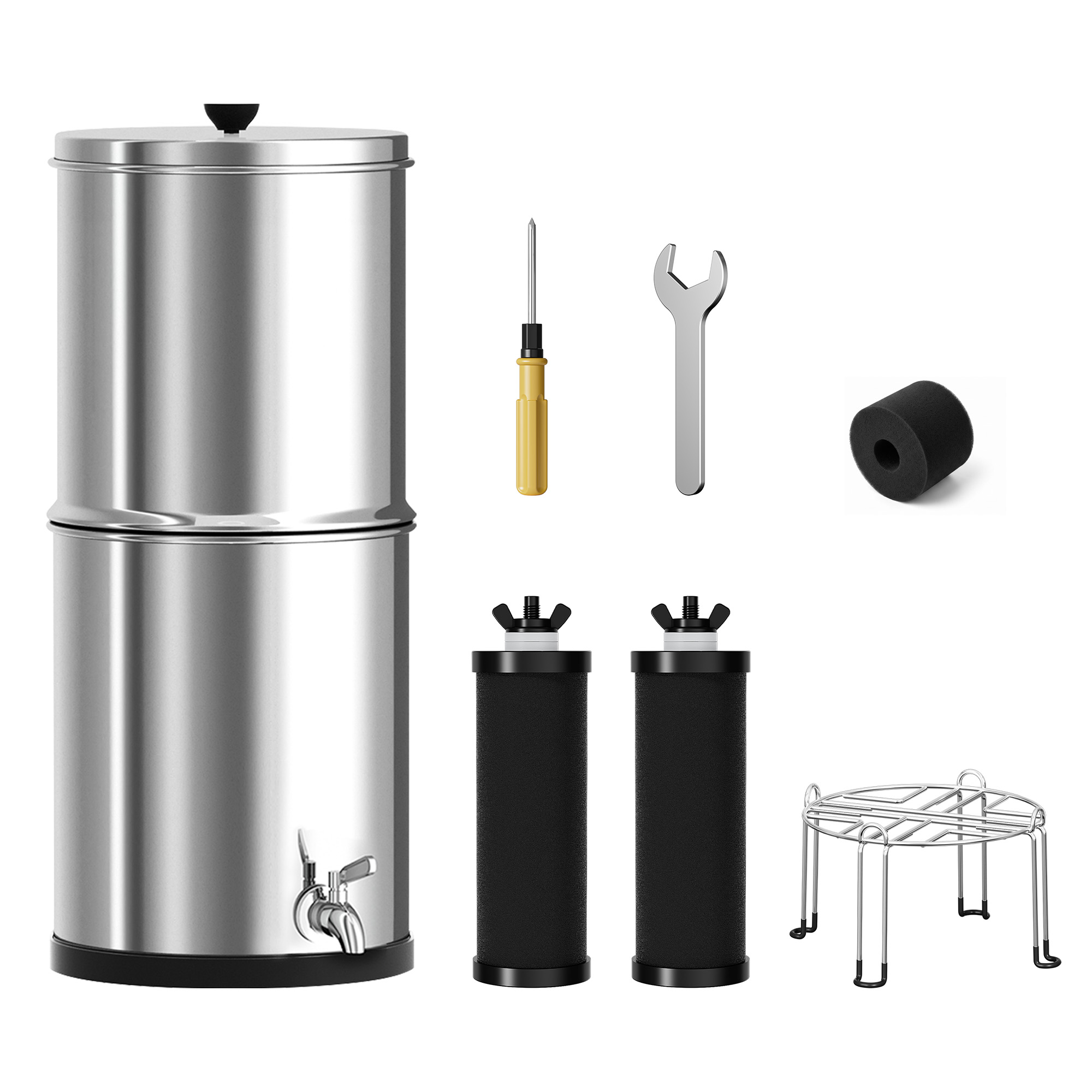 Edelstahl-Wasserfilter mit Werkzeugen, Filtern und Metallstandfuß.