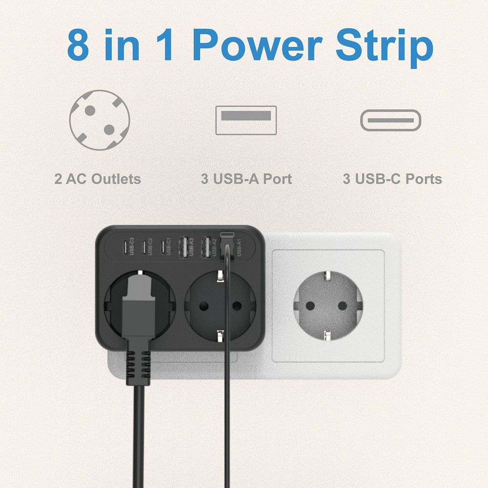 Diagramm einer schwarzen 8-in-1 Mehrfachsteckdose mit 2 AC-Steckdosen, 3 USB-A und 3 USB-C Anschlüssen.