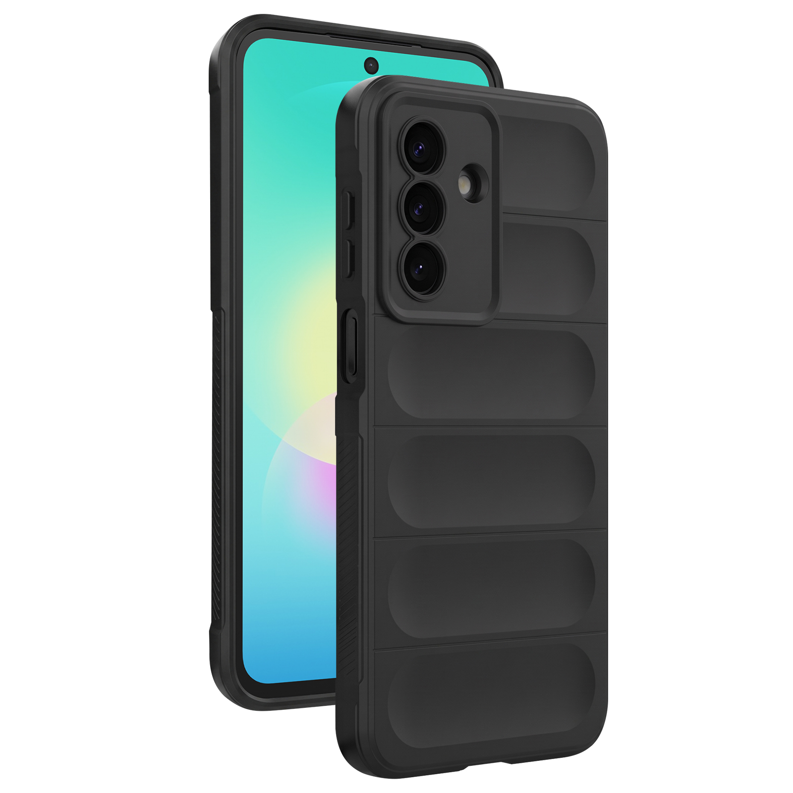 Eine schwarze, robuste Smartphone-Hülle mit horizontalen Rillen auf einem Telefon.