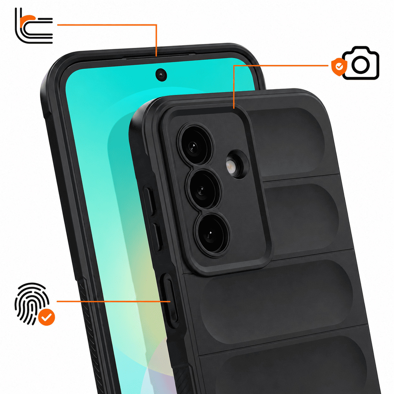 Schwarze Schutzhülle auf einem Smartphone mit Kamera- und Fingerabdruck-Icons.