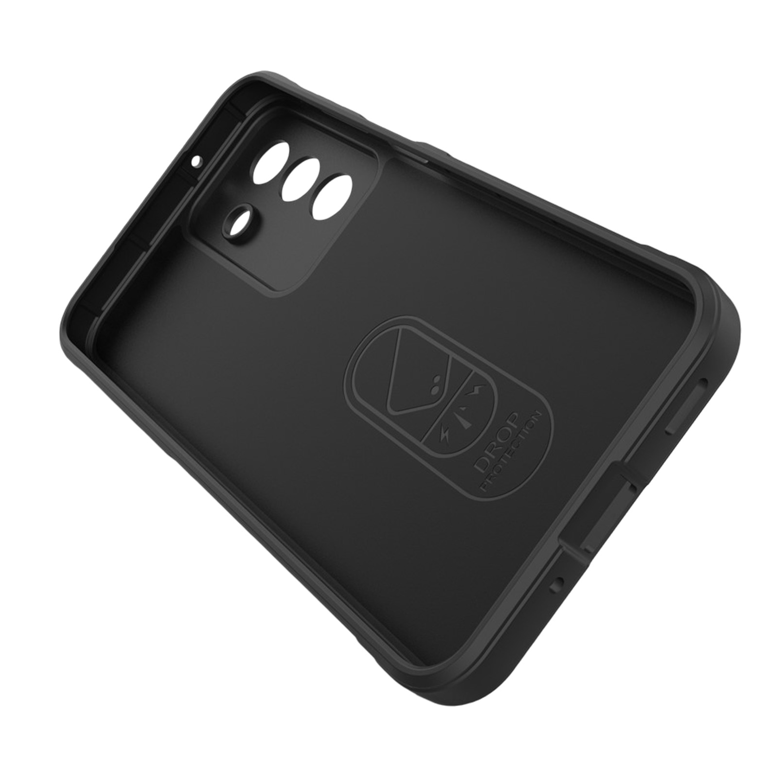 Eine schwarze, robuste Smartphone-Hülle mit Kameraausschnitten und dem Text 'DROP PROTECTION' auf der Innenseite.