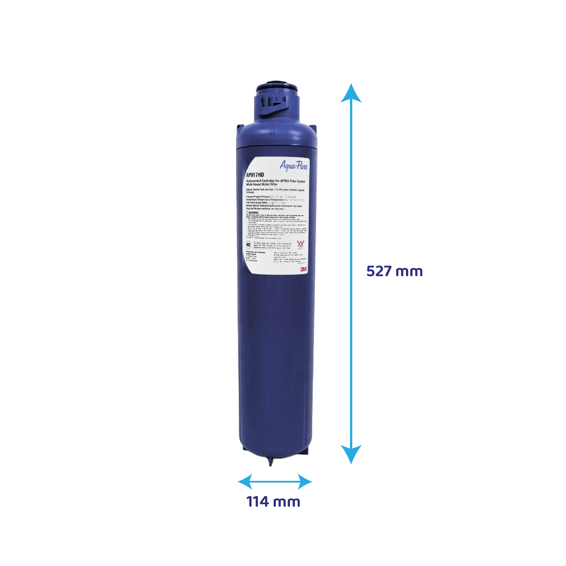 Ein blauer Aqua-Pure Wasserfilter mit den Maßen 527 mm Höhe und 114 mm Breite auf weißem Hintergrund.