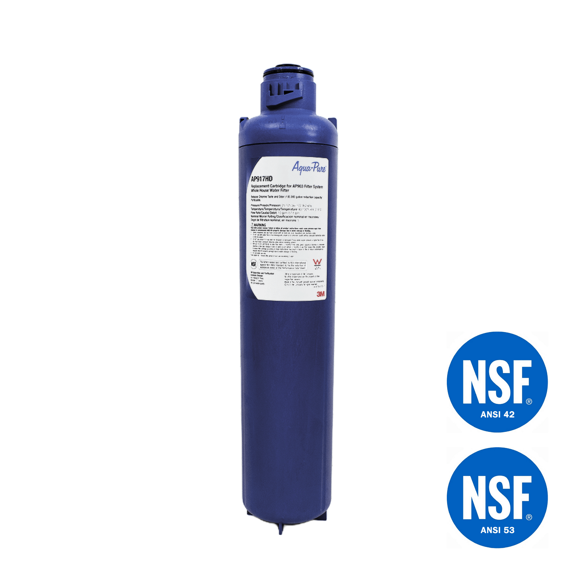 Ein blauer Aqua-Pure AP917HD Ersatzwasserfilter mit weißem Etikett und zwei blauen NSF-Zertifizierungssiegeln.