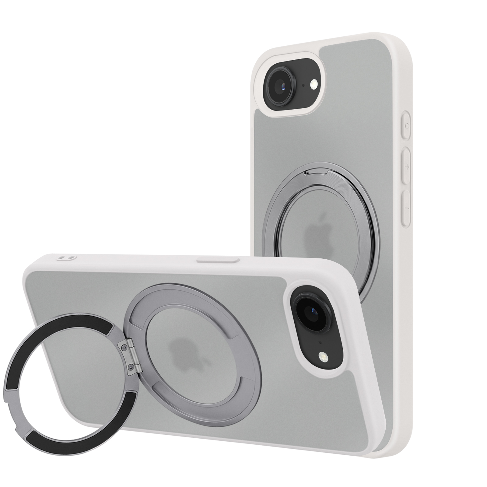 Zwei weiße und graue iPhone-Hüllen auf weiß, eine mit offenem Ständerring.