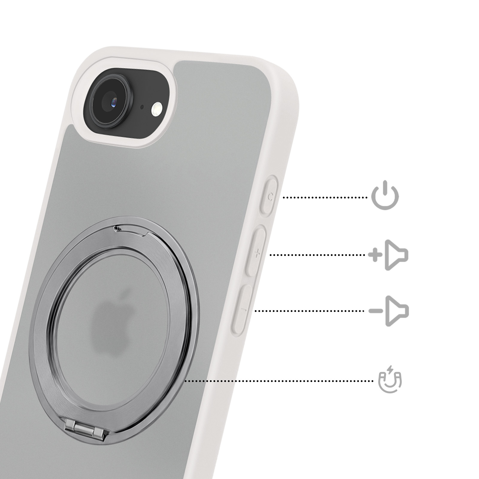 Rückseite einer iPhone-Hülle mit Kamera, MagSafe-Ring und Diagramm für Tasten.